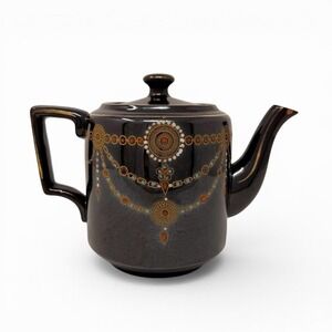 Vintage English Teapot Black Glaze Hand Painted Made in England